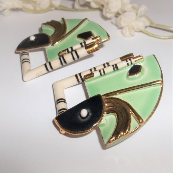 VINTAGE Earrings, Green Earrings, Porcelain Earrings, Art Deco Earring, 7691 - Picture 4 of 5